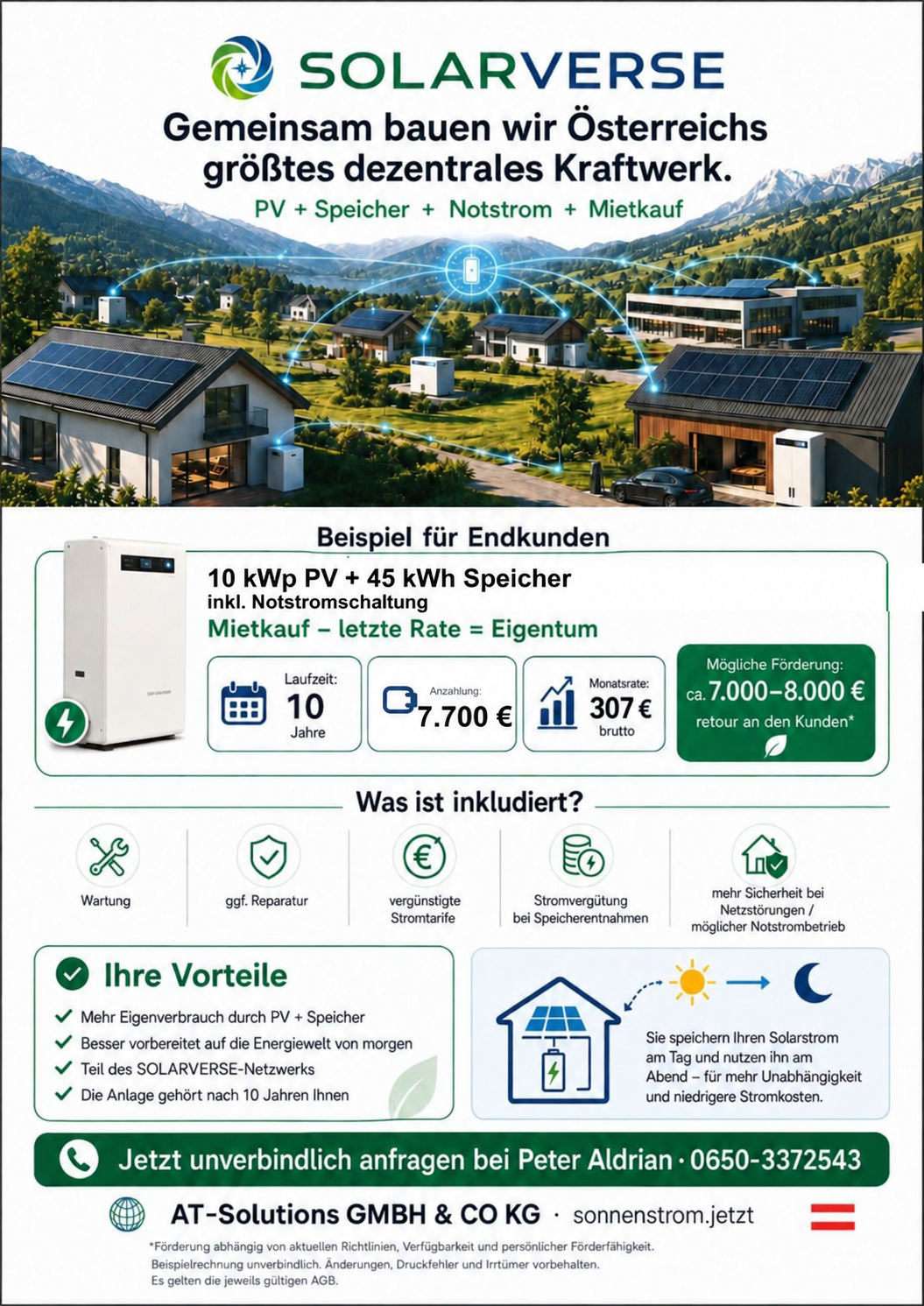 Solarverse Mietkauf Beispiel: 10 kWp PV und 45 kWh Speicher, 7.700 Euro Anzahlung und 307 Euro Monatsrate